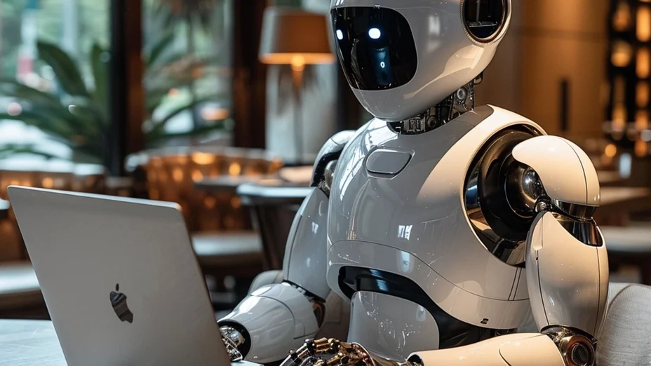 Robot sedící u počítače
